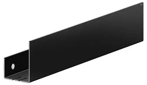 Schwarze Duschablage von Keuco mit einer flachen, rechteckigen Form und einer Befestigung auf der linken Seite.